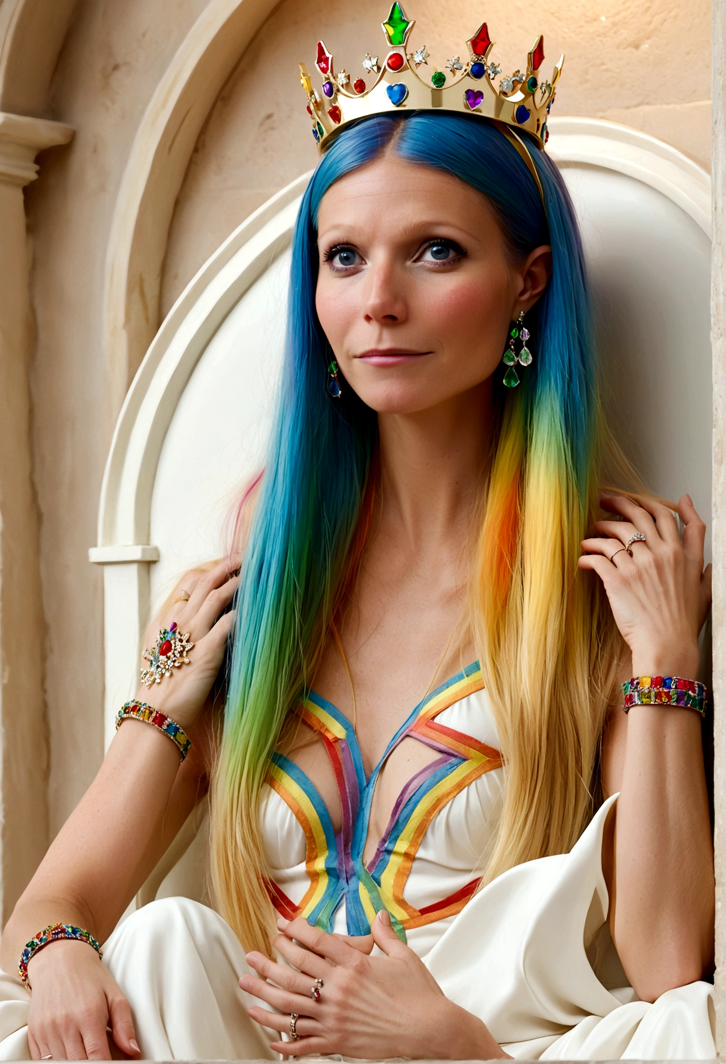 Queen of Homosexuals (Gwyneth Paltrow, age 25, Intricate regal dress rainbow theme, rainbow hair, rainbow crown, rainbow jewelry) sitting on her throne, rainbows and kissing men painted on wall
