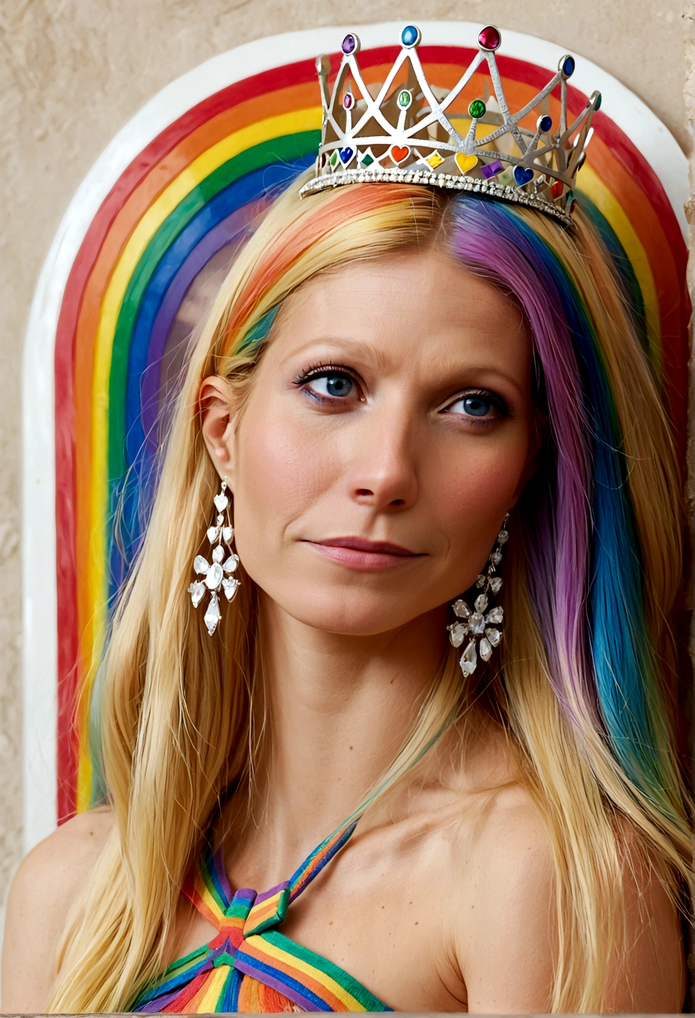 Queen of Homosexuals (Gwyneth Paltrow, age 25, Intricate regal dress rainbow theme, rainbow hair, rainbow crown, rainbow jewelry) sitting on her throne, rainbows and kissing men painted on wall