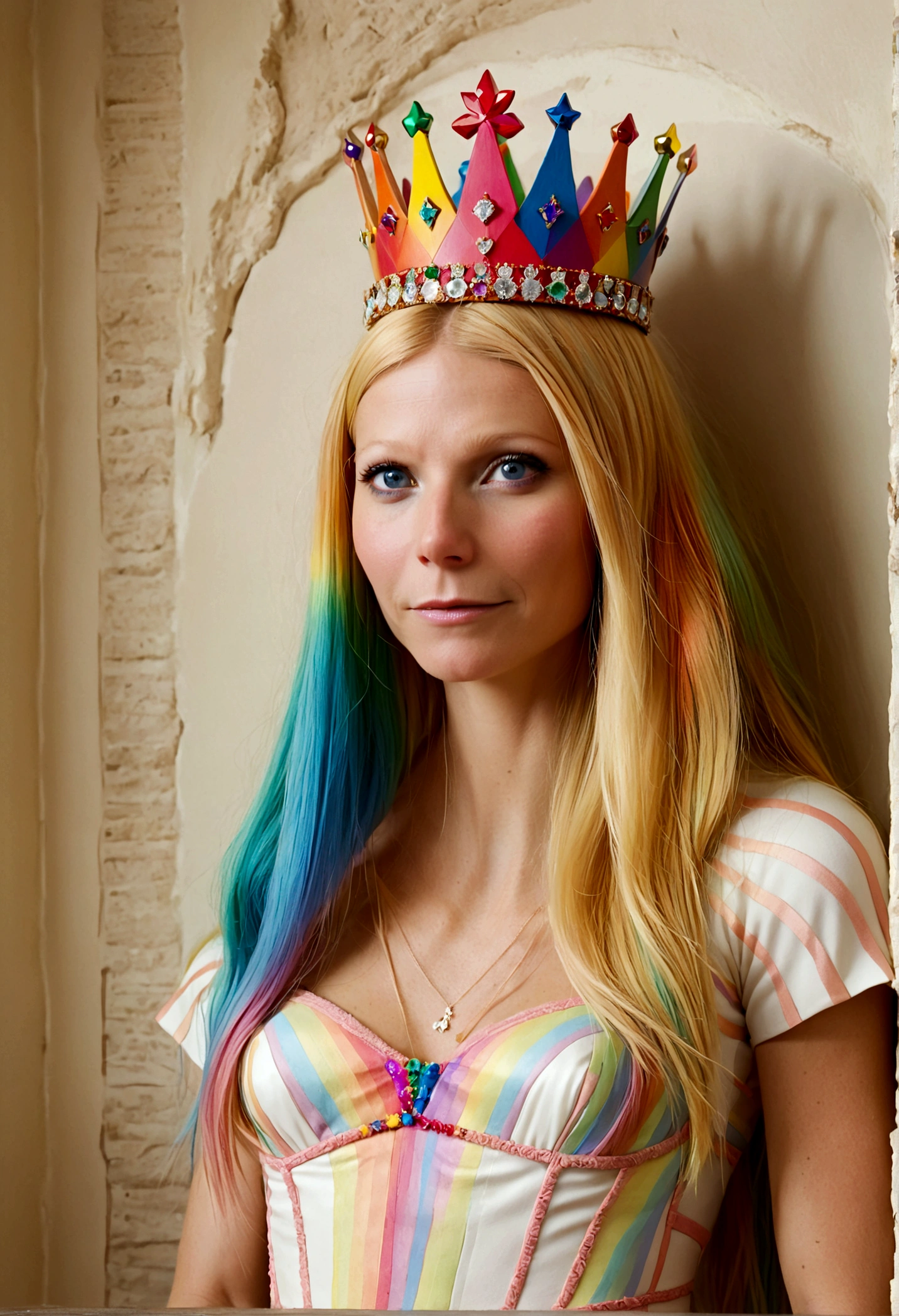 Queen of Homosexuals (Gwyneth Paltrow, age 25, Intricate regal dress rainbow theme, rainbow hair, rainbow crown, rainbow jewelry) sitting on her throne, rainbows and kissing men painted on wall
