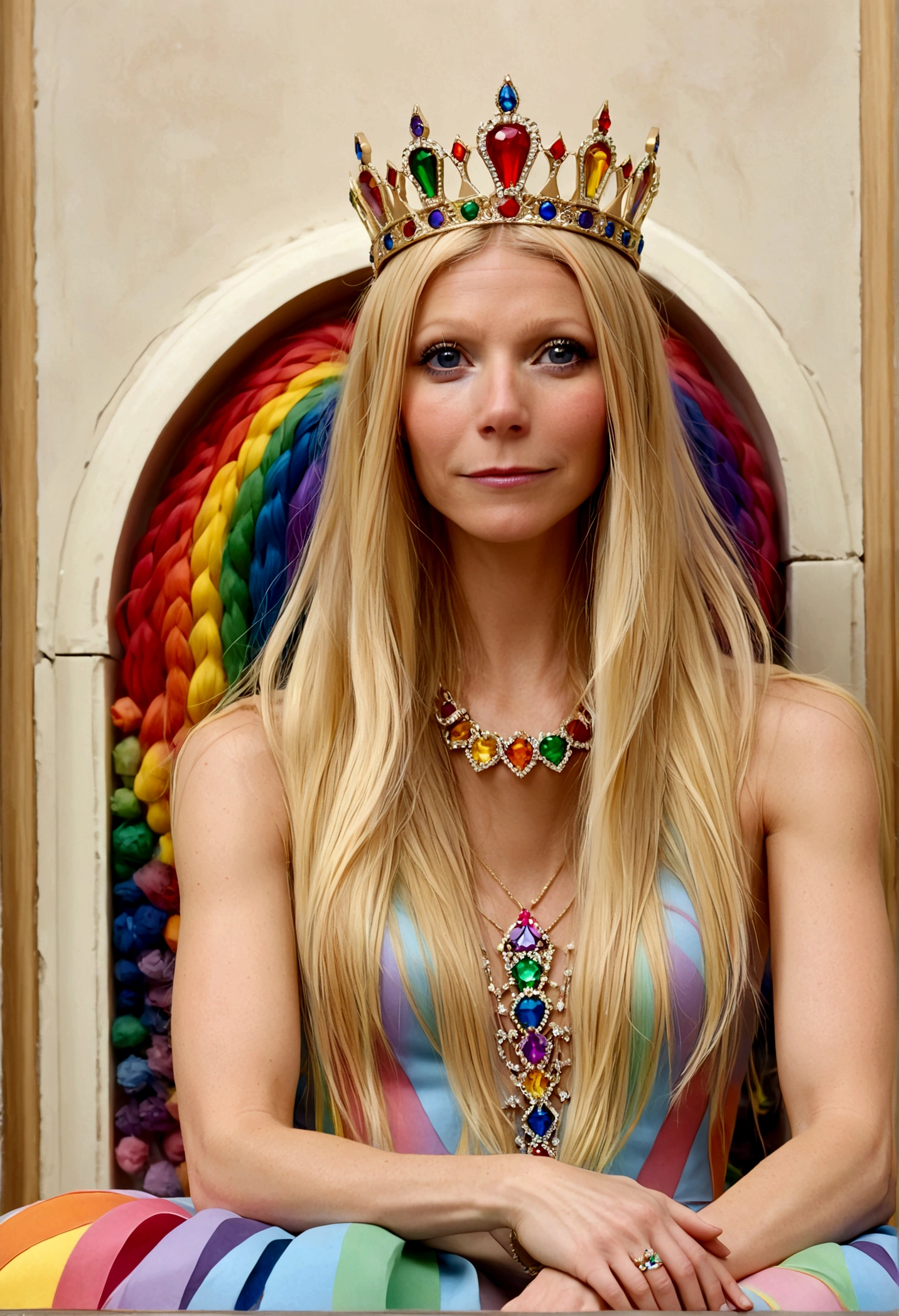 Queen of Homosexuals (Gwyneth Paltrow, age 25, Intricate regal dress rainbow theme, rainbow hair, rainbow crown, rainbow jewelry) sitting on her throne, rainbows and kissing men painted on wall