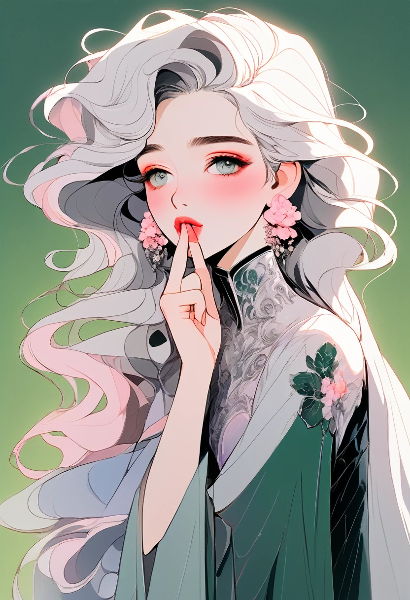 (masterpiece, Highest quality:1.2), 1 Girl, alone,Anime Style,Gray Hair, Princess Dress,shoulder,A girl with pink lips and pale flower earrings holds her finger over her mouth,Dark green background