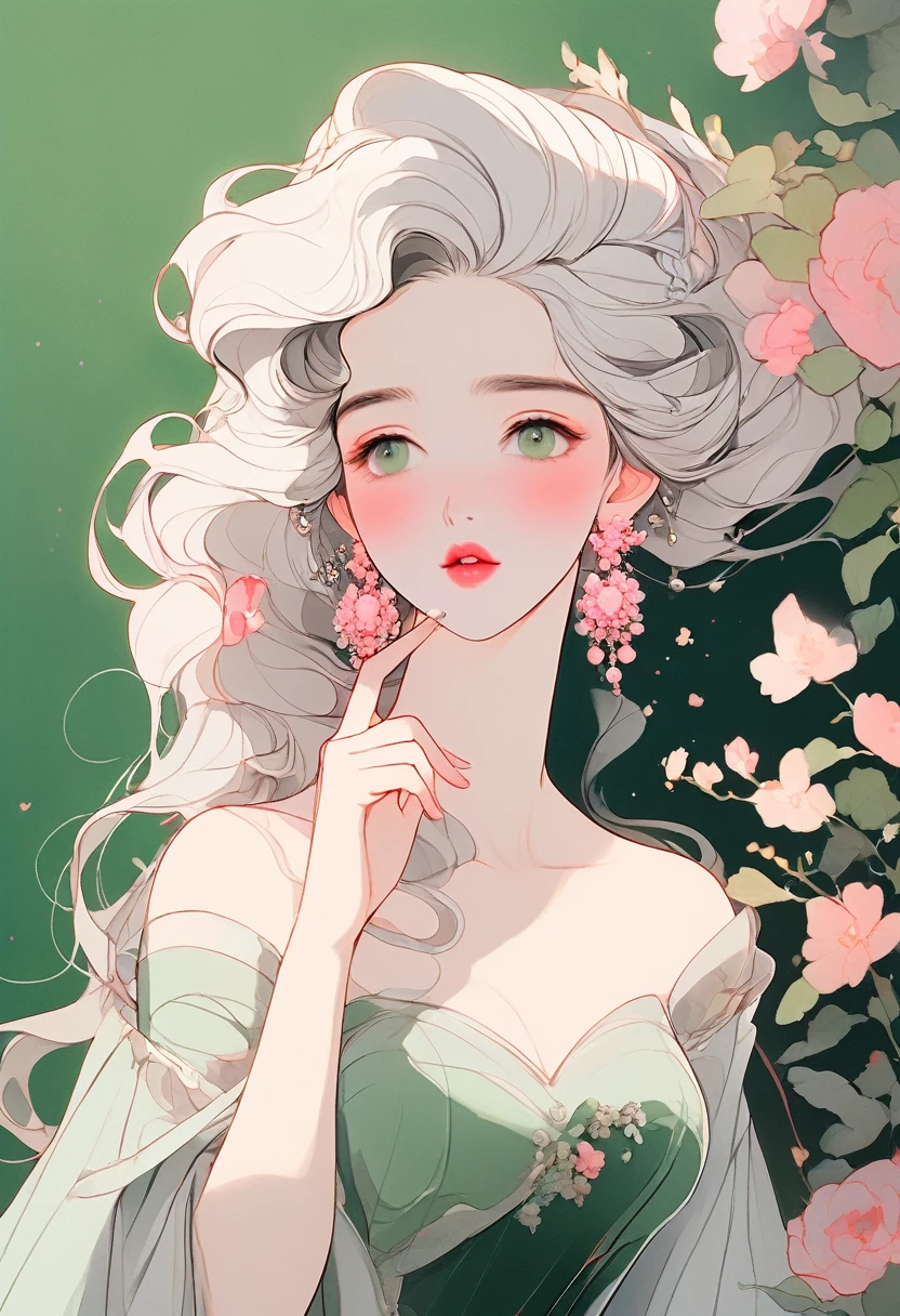 (masterpiece, Highest quality:1.2), 1 Girl, alone，Anime Style，Gray Hair, Princess Dress，shoulder，A girl with pink lips and pale flower earrings holds her finger over her mouth，Dark green background
