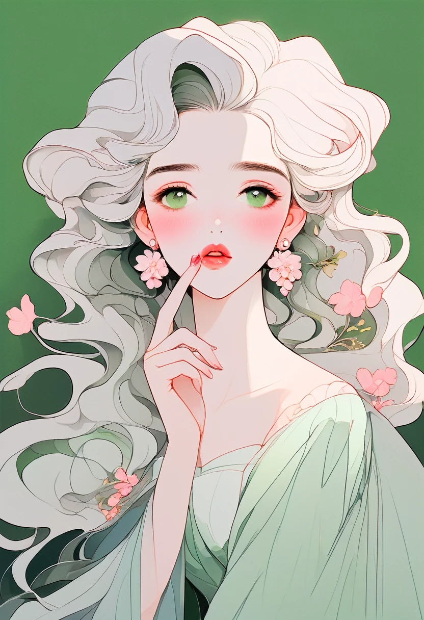(masterpiece, Highest quality:1.2), 1 Girl, alone，Anime Style，Gray Hair, Princess Dress，shoulder，A girl with pink lips and pale flower earrings holds her finger over her mouth，Dark green background
