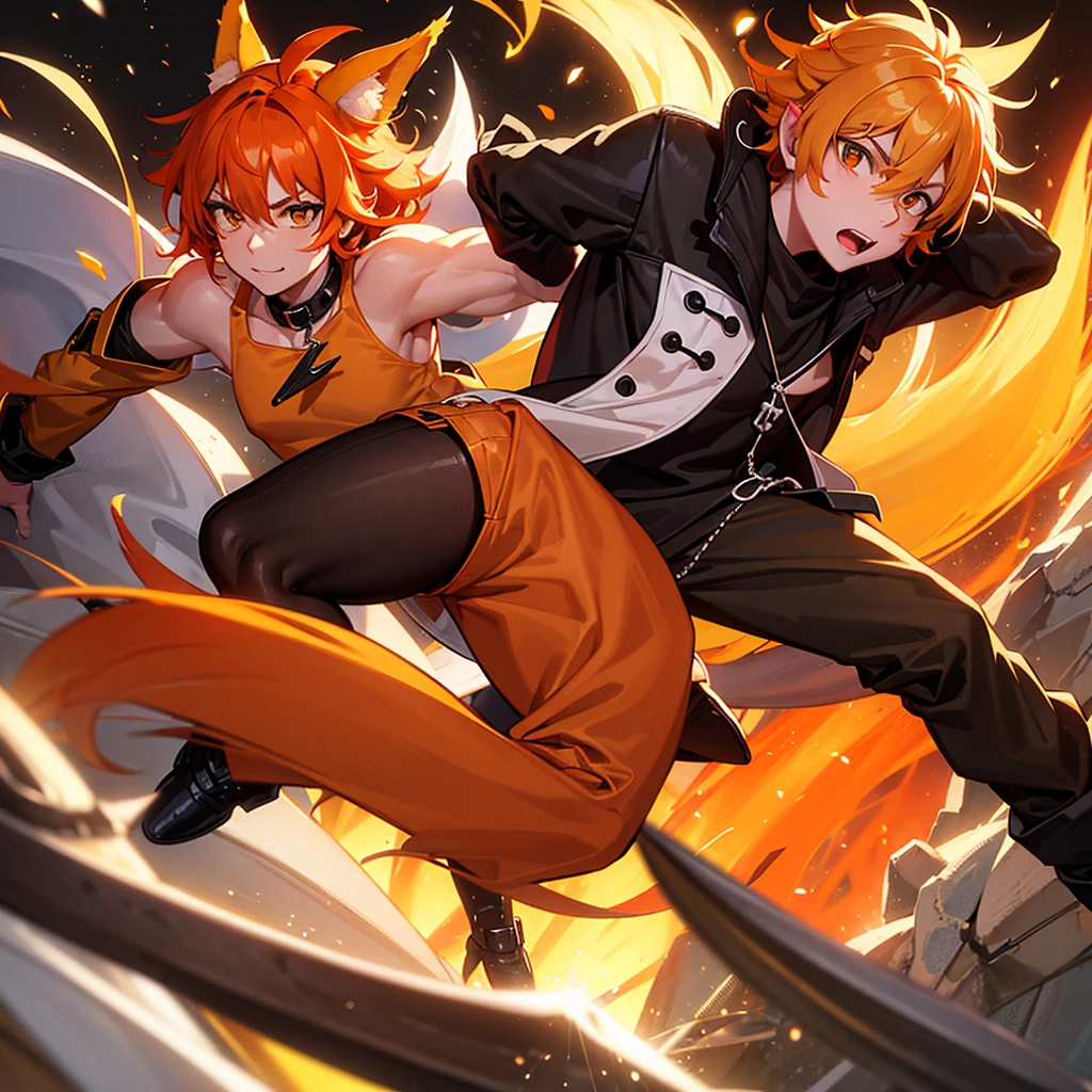 A demi human fox boy with a white fox tail and another orange fox tail, with orange hair and two fox ears