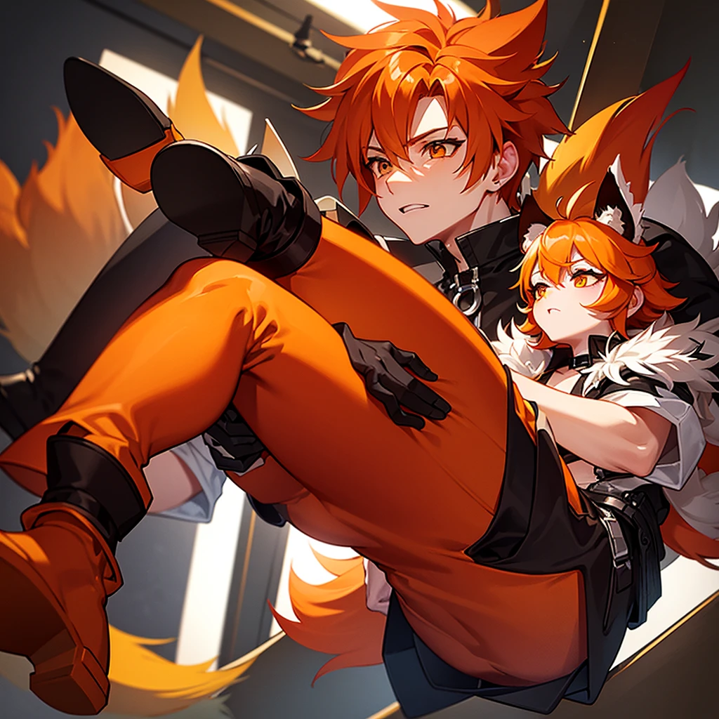 He has orange hair, pointed fox-like ears on top of his head, and an orange tail tipped with white. He wears a beige jacket with black details around the neck, green cargo pants, and sturdy black boots