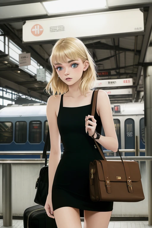 epiC35mm, medium shot of a young woman, with the features of (Sophie Mudd), (Dakota Fanning), (Ashley Greene),(dirty blonde hair,(perfect face), without makeup, slim body, lean build, narrow shoulders, traveller ready for the journey waiting on the train station, detailed sharp, flash photo 