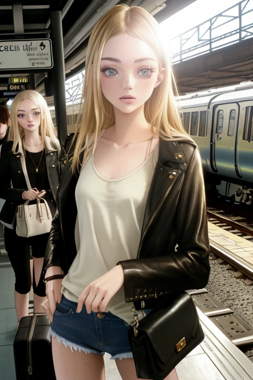 epiC35mm, medium shot of a young woman, with the features of (Sophie Mudd), (Dakota Fanning), (Ashley Greene),(dirty blonde hair,(perfect face), without makeup, slim body, lean build, narrow shoulders, traveller ready for the journey waiting on the train station, detailed sharp, flash photo