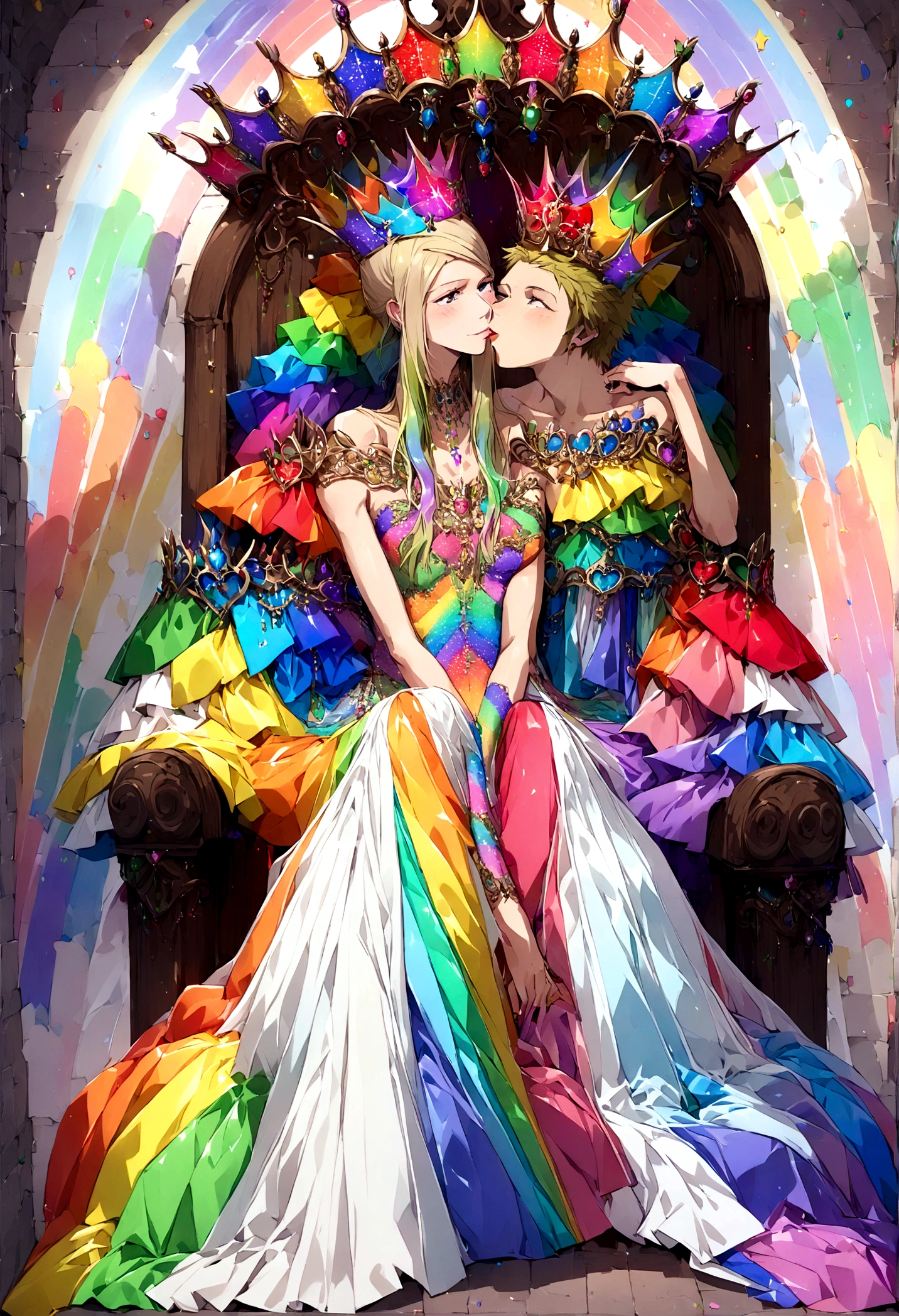 Queen of Homosexuals (Gwyneth Paltrow, age 25, Intricate regal dress rainbow theme, rainbow hair, rainbow crown, rainbow jewelry) sitting on her throne, rainbows and kissing men painted on wall
