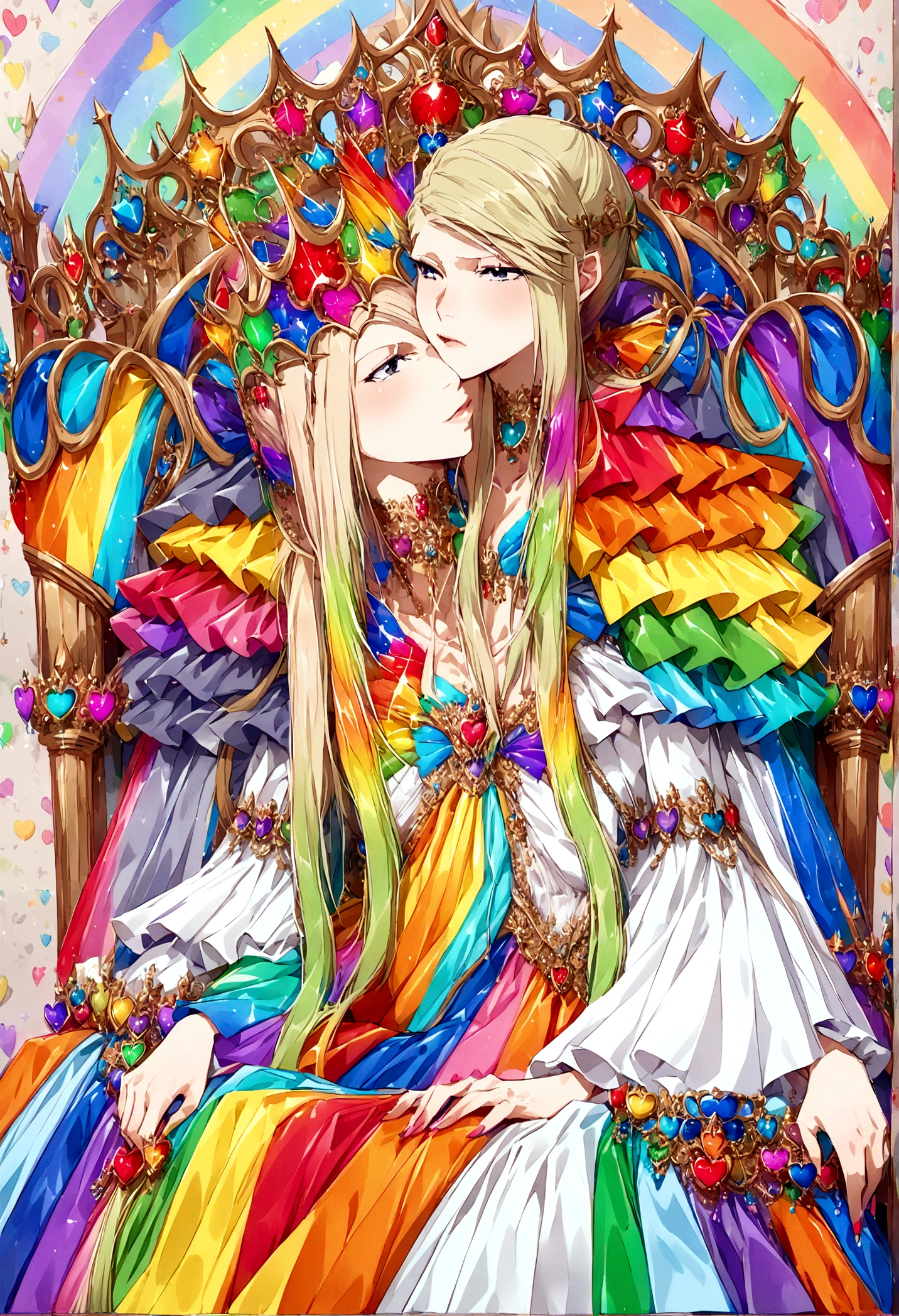 Queen of Homosexuals (Gwyneth Paltrow, age 25, Intricate regal dress rainbow theme, rainbow hair, rainbow crown, rainbow jewelry) sitting on her throne, rainbows and kissing men painted on wall
