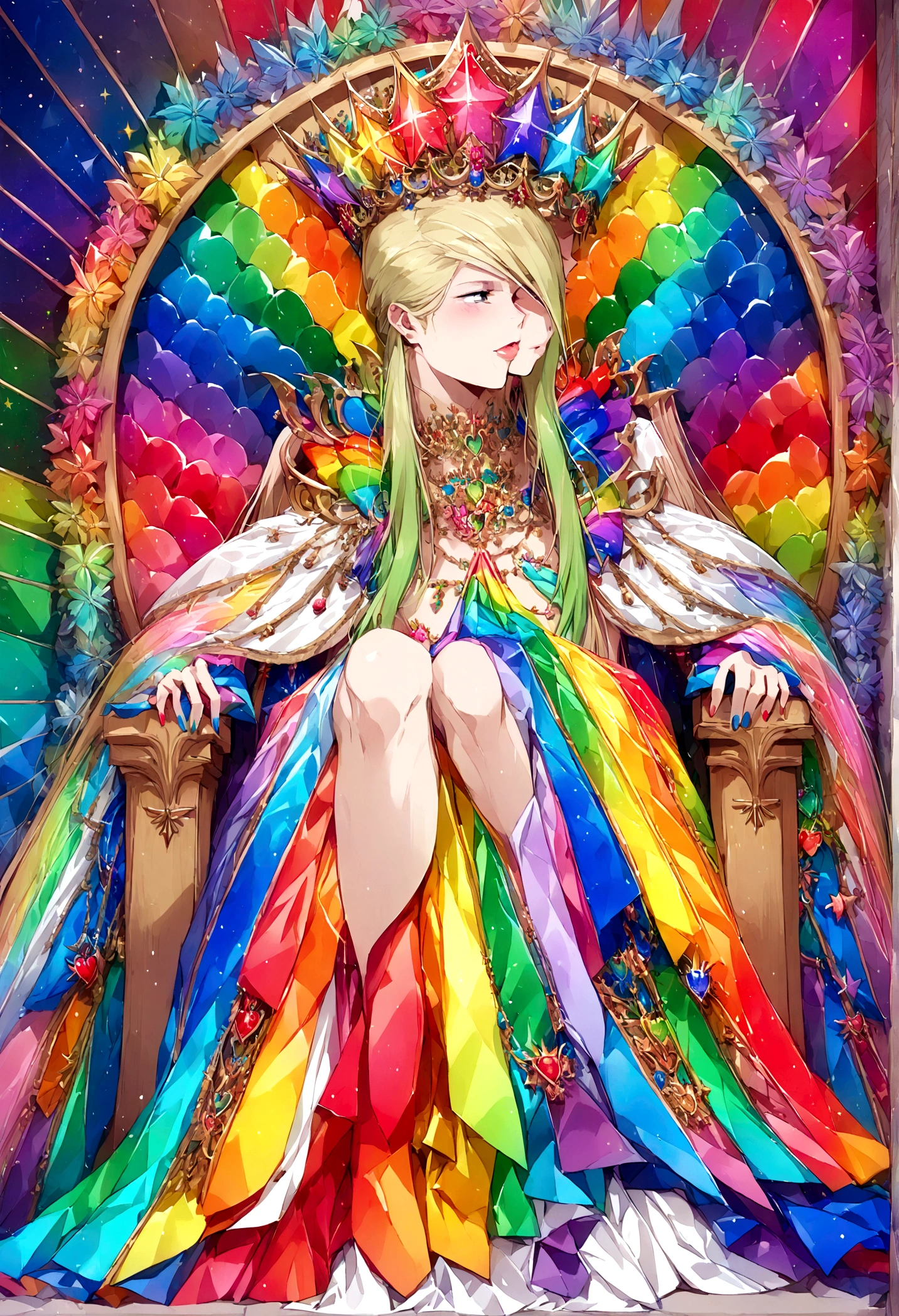Queen of Homosexuals (Gwyneth Paltrow, age 25, Intricate regal dress rainbow theme, rainbow hair, rainbow crown, rainbow jewelry) sitting on her throne, rainbows and kissing men painted on wall