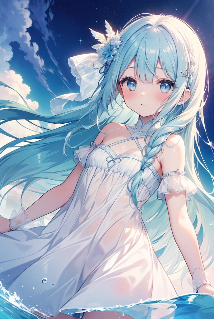 masterpiece, best quality, extremely detailed, (illustration, official art:1.1), 1 girl ,(((( light blue long hair)))), ,(((( light blue long hair)))),light blue hair,loli, long hair ((blush)) , cute face, , masterpiece, best quality,(((((a very delicate and beautiful girl))))),Amazing,beautiful detailed eyes,blunt bangs((((little delicate girl)))),tareme(true beautiful:1.2), sense of depth,dynamic angle,,,, affectionate smile, (true beautiful:1.2),,(tiny 1girl model:1.2),)(flat chest), absurdres, highres,
BREAK
girl standing under starry sky, White One-piece Dresses, Magnificent view, Piece of star in the palm of hand, smile