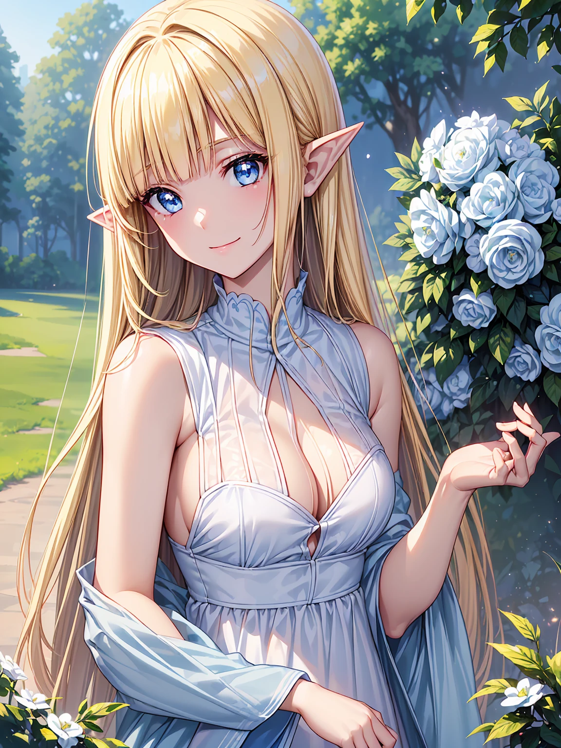 ((Trading Card Design、Super Rare、Sparkling))、16K、masterpiece、High resolution、High resolution、((Young Elven Woman))、((Beautiful white skin))、((Beautiful blonde))、((Beautiful Blue Eyes))、((Pointy Ears))、Smiling Kindly、blush、Sleeveless white shirt、Wear a straw hat、Clear blue sky、look at me、((Upper body close-up))