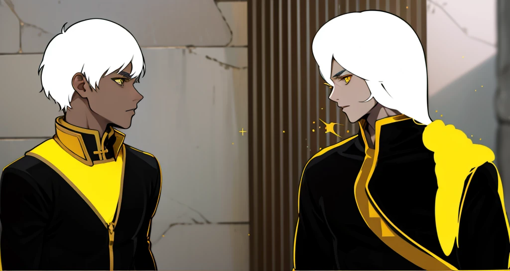 two demigods with white hair, yellow eyes, black tunic suits with yellow and golden jewelry are talking.