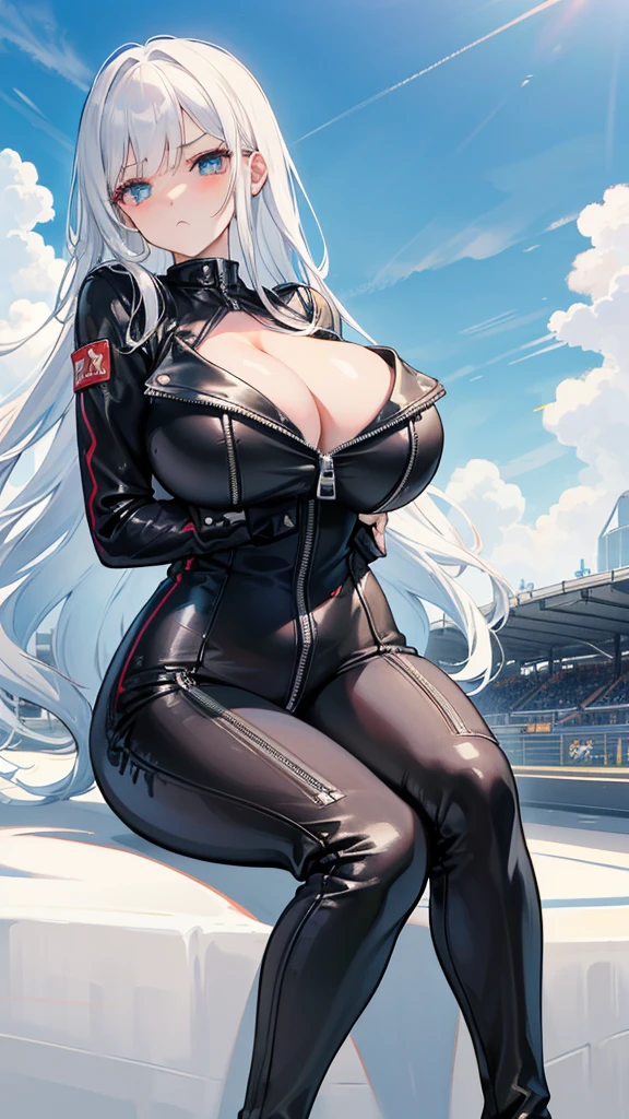 beautiful girl,(Racing girl),Leather jumpsuit,(黑色Leather jumpsuit),Leather Clothes,White long hair,(White hair),(Bangs),Zipper open,(Leather jacket zipped up),((Cleavage)),Open your heart,(Shy expression),Sit on a race car,Blue sky and white clouds,(Big Tits),((Super big breasts)),Leg ring