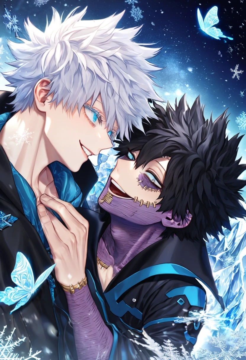 absurdres, highres, ultra detailed, HDR, master piece, best quality, extremely detailed face, delicated features, Dabi, black hair, expressive turquoise eyes, Boku No Hero Academia, Gojou Satoru, white hair, expressive blue eyes, white eyelashes, two sexy men together, yaoi, gay couple, handsome, smiling, blue jacket with fur, black coat, fantasy, magical, ice, blue fire, ice butterflies, snowflakes, starry night