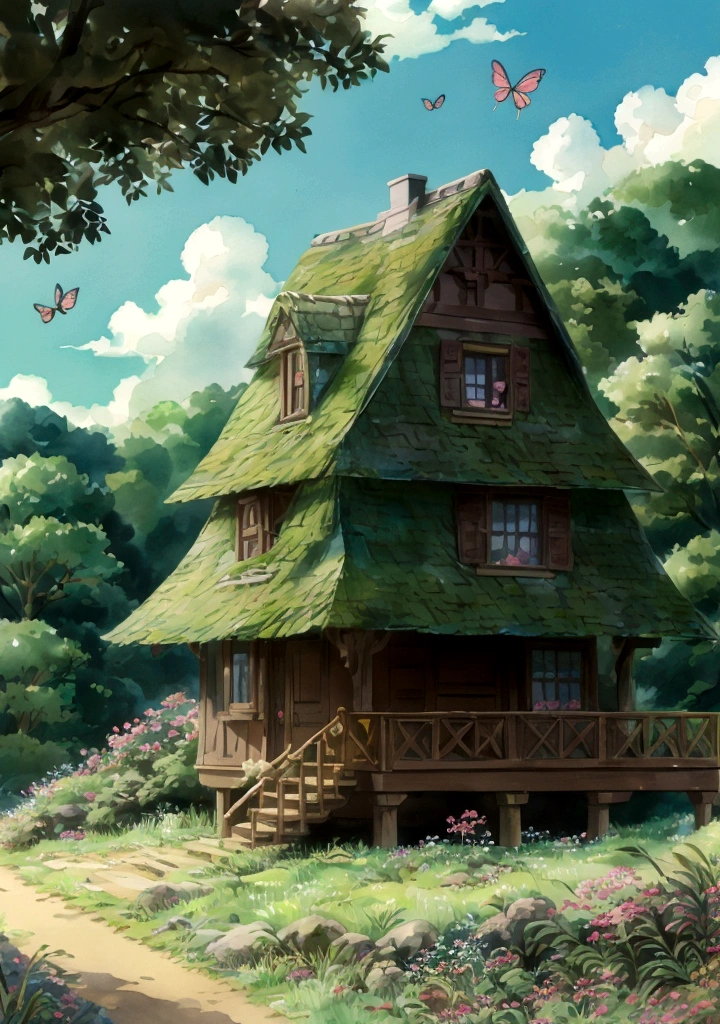 Fashion Watercolor，Picture book composition，Kitten and puppy Doudou playing in the forest，Kitten jumping on a branch，The puppy Doudou is chasing butterflies on the ground，The background is green forest and blue sky with white clouds，Perfect composition，Backlight，Ultra-clear