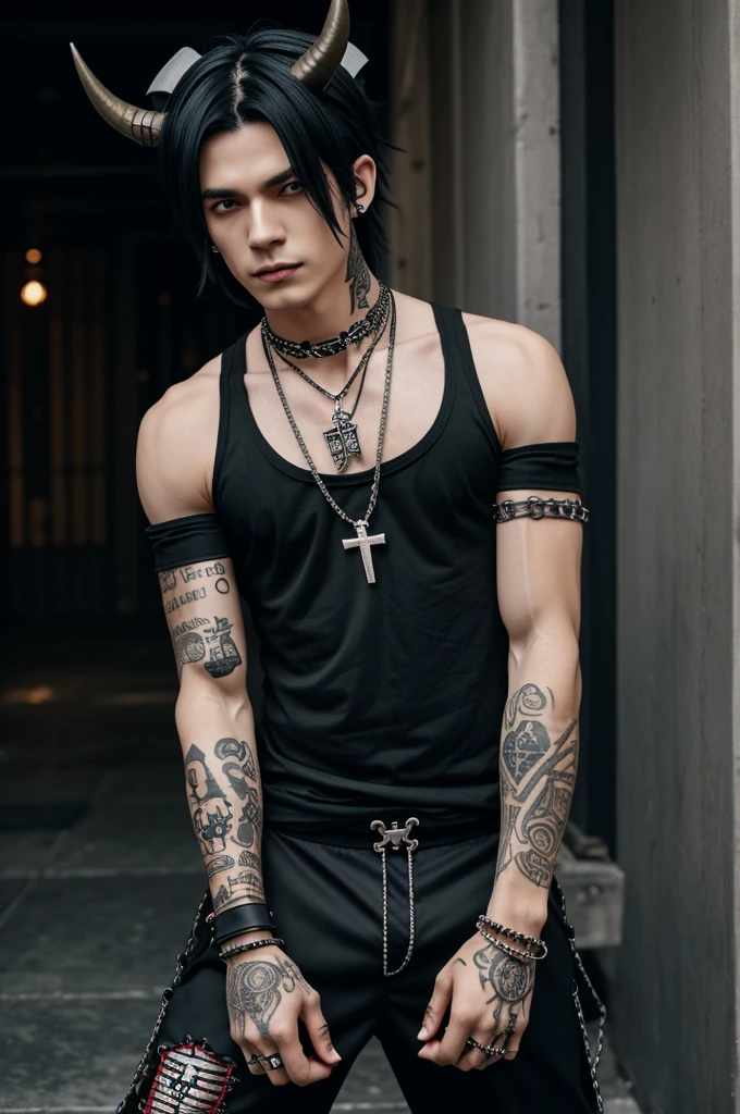 Create an image of a male anime character, the character has pale skin, The black hair has a hat with a skull with horns in the middle, He has red iron horns on his head, He has a crown with a blue fire on his head, He has red headphones with spikes on them. He has spike bracelets on his wrists., He has black barbed wire on his leg., He has a cross necklace with spikes, He has a coffin backpack with a cross and chains, At his waist he has a black herringbone chain, wear black pants, has a tsychonaut 4 style white printed short sleeve shirt with tattoos on his arms