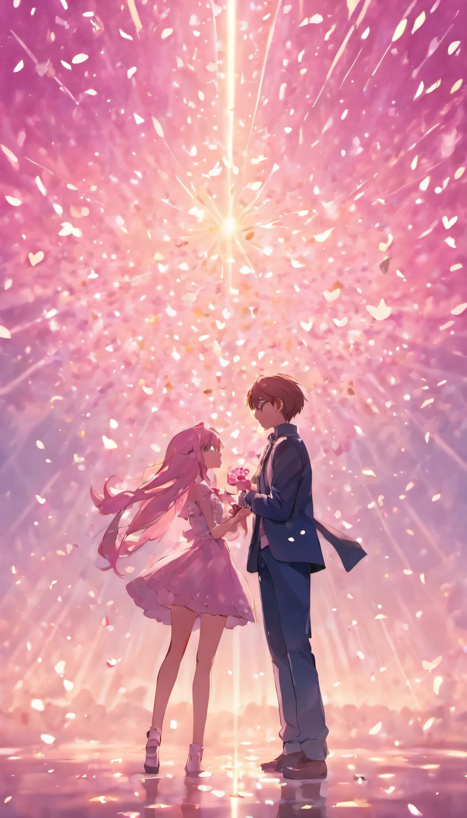 On a gradient background of light pink and white, In the center, You can see the silhouettes of two people standing hand in hand, Small heart-shaped confetti and shining stars are scattered. The edges are surrounded by fresh petals