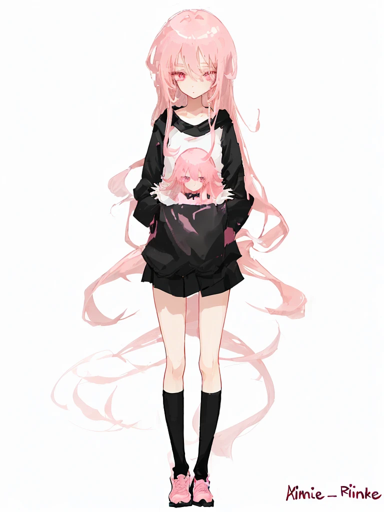 cute anime girl with long pink hair and pink eyes, size, short height, slim body, wearing . no background