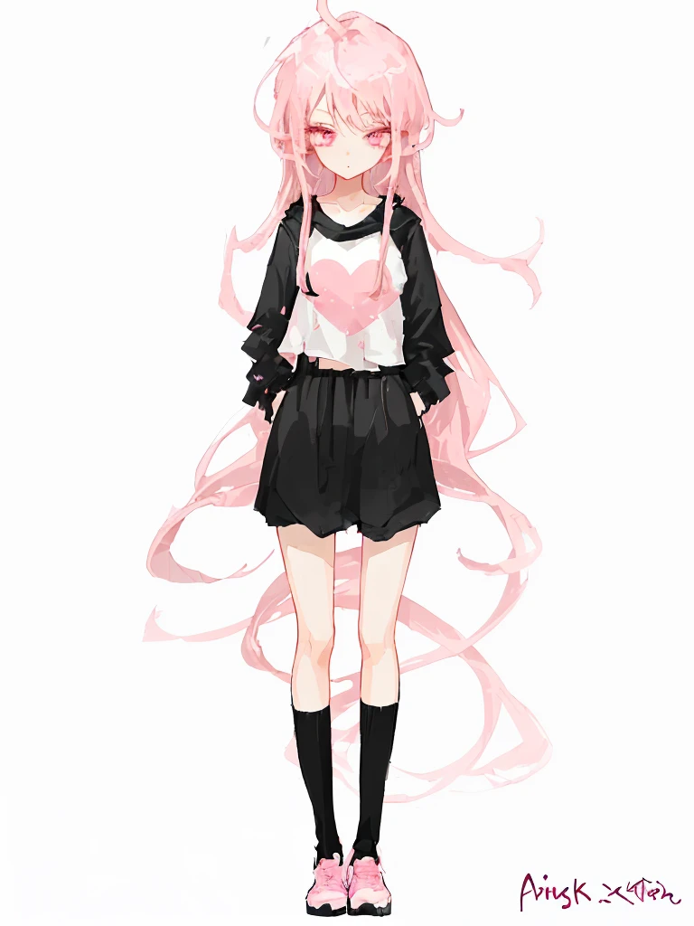 cute anime girl with long pink hair and pink eyes, size, short height, slim body, wearing . no background