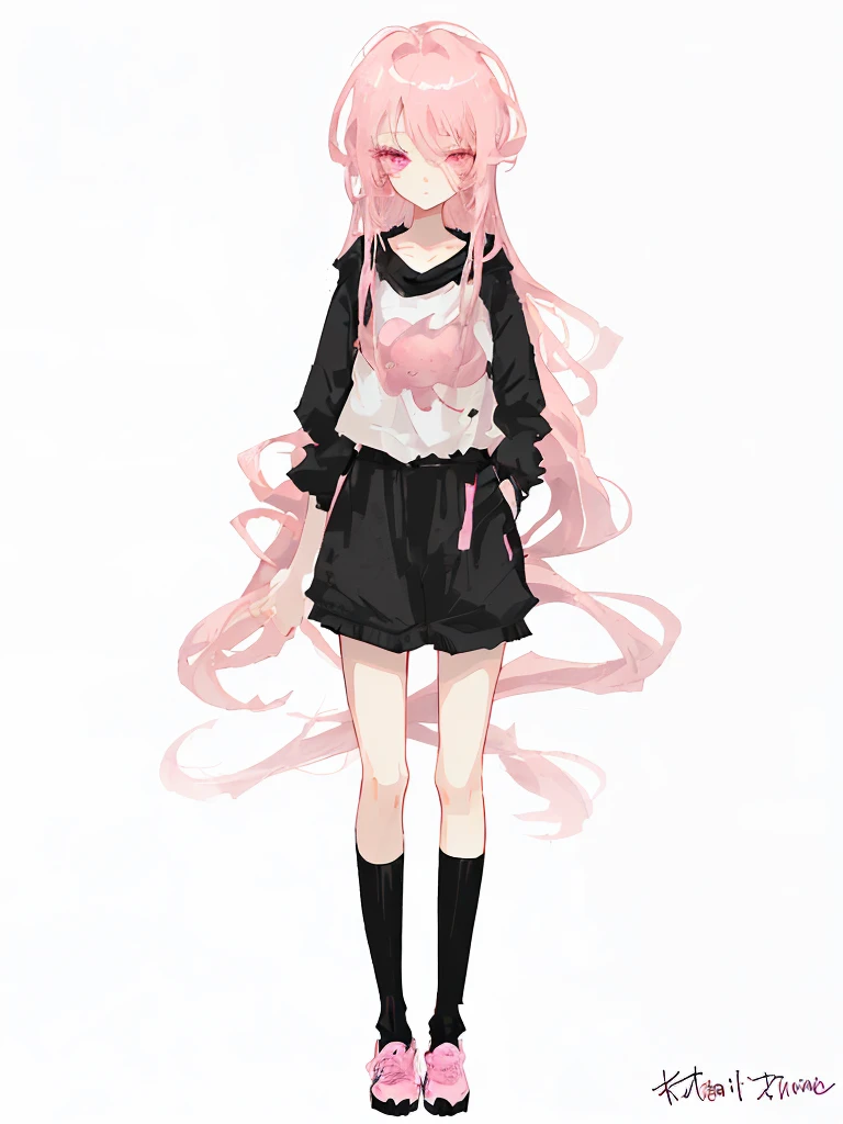 cute anime girl with long pink hair and pink eyes,  size, short height, slim body, wearing . no background