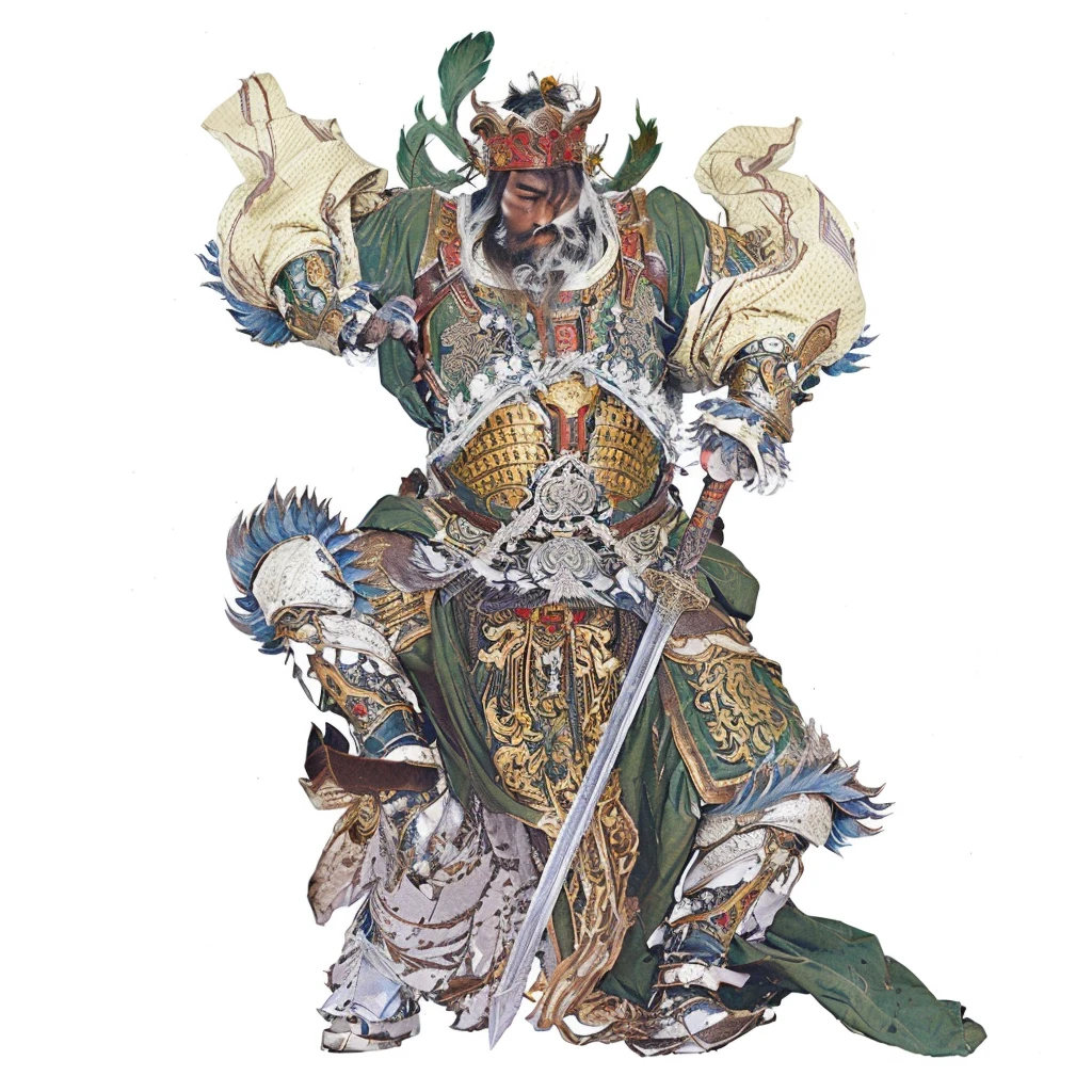 a fierce dark skin chinese warrior, wearing armour, holding a sword, stepping on a goblin, wild beard