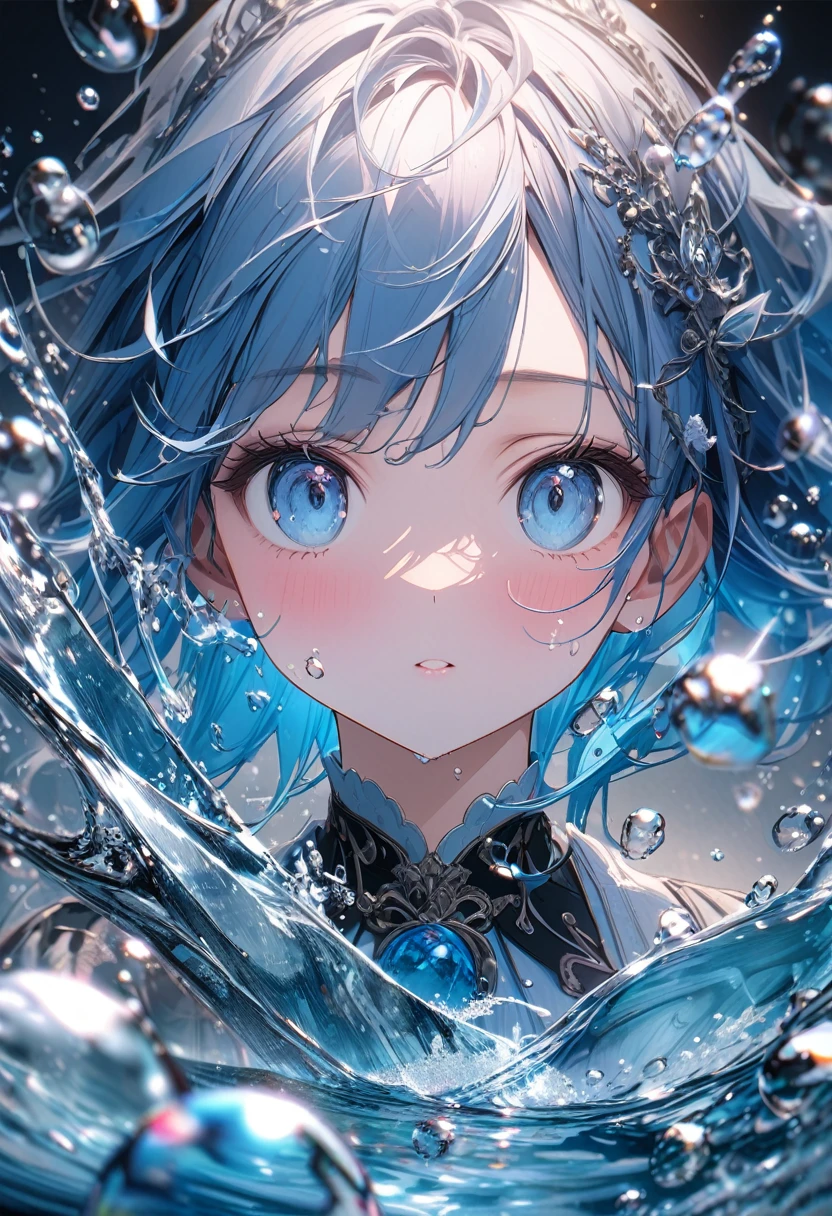 Very detailed, 8K, Glass, Water in a Glass, Glassの花, bubble, Right blue water, Nice, bright、Blue Hair、ice