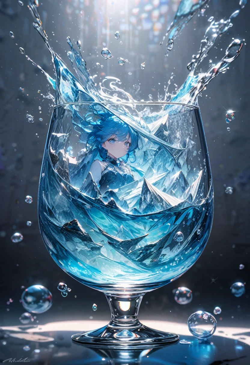 Very detailed, 8K, Glass, Water in a Glass, Glassの花, bubble, Right blue water, Nice, bright、Blue Hair、ice