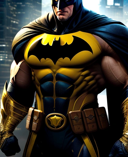 The batman traje yelow  dc ,Bodybuilder, super strong, muscular, ABS, in background asgard, 35mm lens, photography, ultra details, HDR, UHD,8K strong 