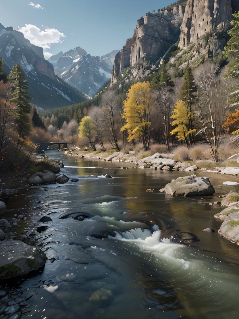 ((masterpiece, Highest quality, Very detailed, High resolution, Real, Sharp focus)), High contrast, High saturation, Landscape with water, River and rocky mountain, Gentle flow, (Very detailed CG unity, 8k wallpaper), Complex and realistic paintings