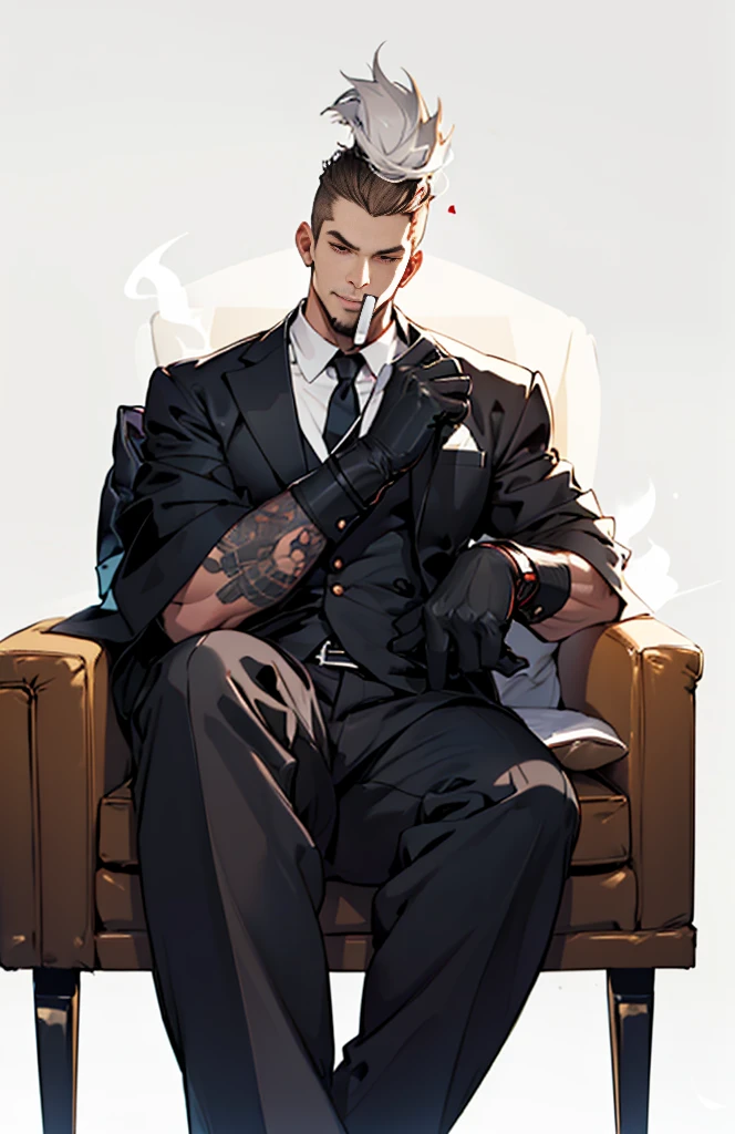 Mafia, male, 45 years old, white, exuding a dangerous aura, muscular body, handsome face, white skin, red eyes, gray-brown hair, retro tattoos on arms, black jacket, pants and gloves, cold face. Sitting on a gorgeous sofa with a cigar in his mouth, anime style