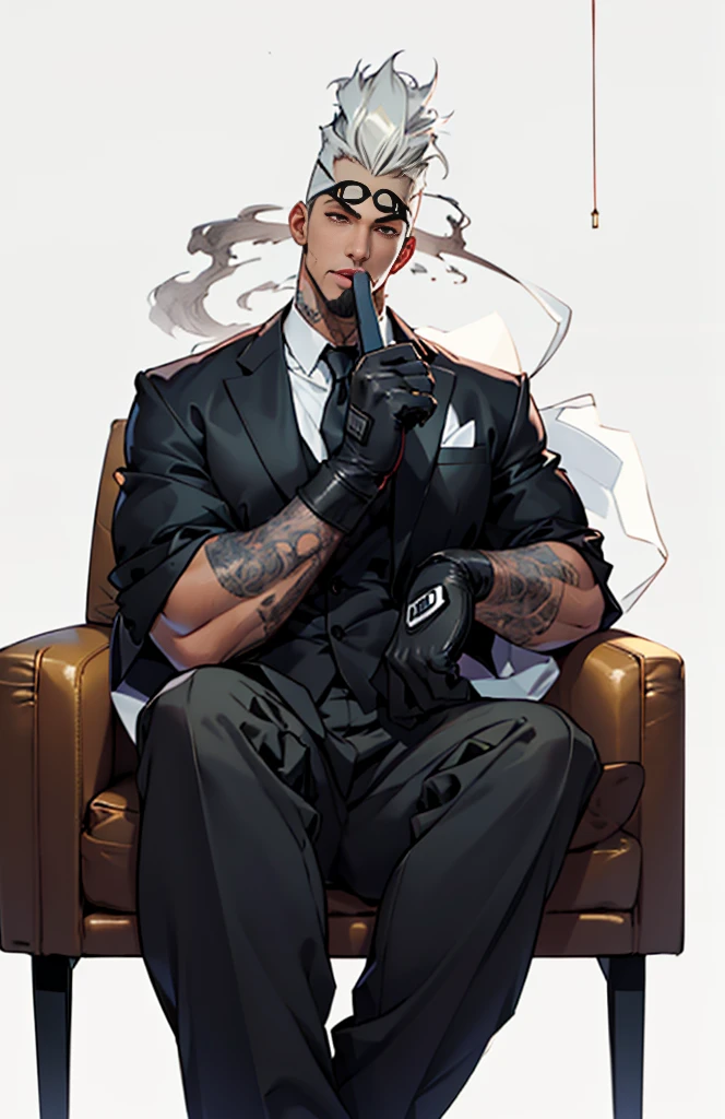 Mafia, male, 45 years old, white, exuding a dangerous aura, muscular body, handsome face, white skin, red eyes, gray-brown hair, retro tattoos on arms, black jacket, pants and gloves, cold face. Sitting on a gorgeous sofa with a cigar in his mouth, anime style