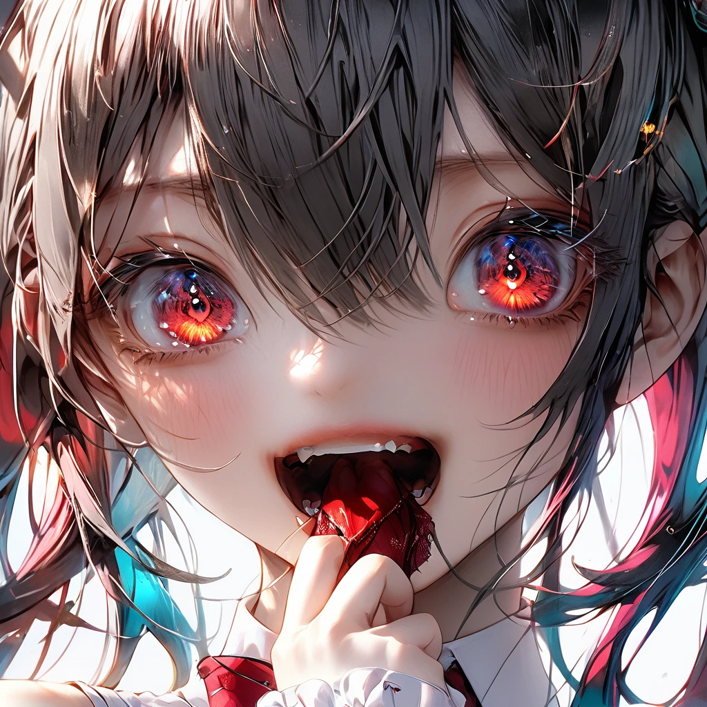 a beautiful detailed portrait of Hatsune Miku, white shirt, dark red tie, bare shoulders, separated sleeves, evil smiley face, red pupil, hand in mouth (best quality,4k,8k,highres,masterpiece:1.2),ultra-detailed,(realistic,photorealistic,photo-realistic:1.37),HDR,UHD,studio lighting,ultra-fine painting,sharp focus,physically-based rendering,extreme detail description,professional,vivid colors,bokeh,digital art,concept art