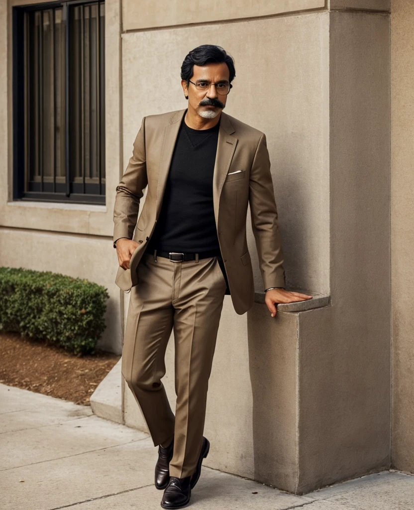 1 man, thin, 50 years old, handsome, glasses, alittle mustache, light brown skin, fare skin, black hair, short hair, wearing khaki suite, hold a pistole, black shoes.