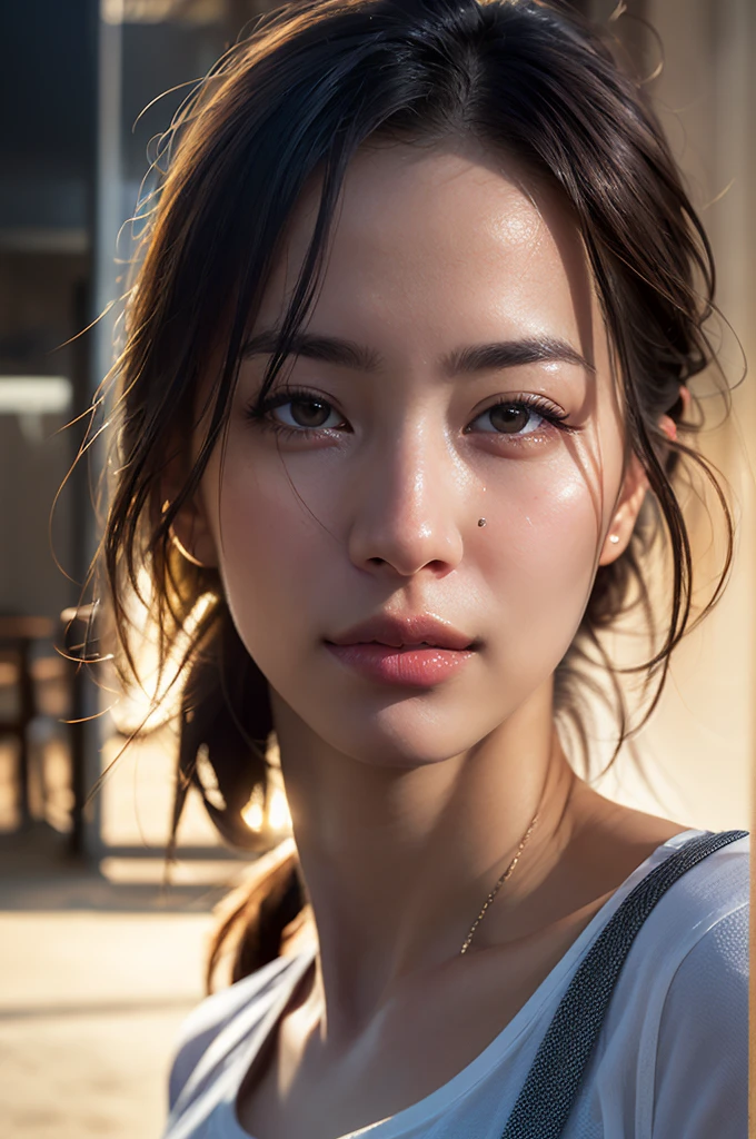 Dressed, (photo Realistic:1.4), (hyper Realistic:1.4), (Realistic:1.3),
(Smoother lighting:1.05), (Improving the lighting quality of movies:0.9), 32k,
One girl,20 year old girl, Realistic lighting, Backlight, Light on the face, Ray-tracing, (Bright light:1.2), (Improvement of quality:1.4),
(Highest quality real texture skins:1.4), Detailed drawn eyes, Detailed painted face,
(tired and sleepy and joy), (smile:0), Face close-up, T-Shirts,
(Enhance the mood of your body line:1.1), (Enhances the beauty of skin texture:1.1)