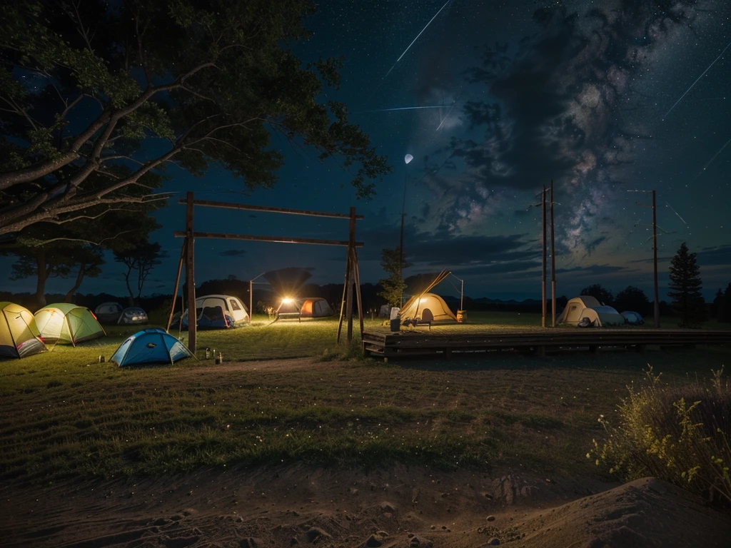 The sky is dotted with stars at night，Camping site in the woods, Night view, Cyberpunk style, Campsite at night, Wide field of view, real，masterpiece，High Detail，high resolution，8K