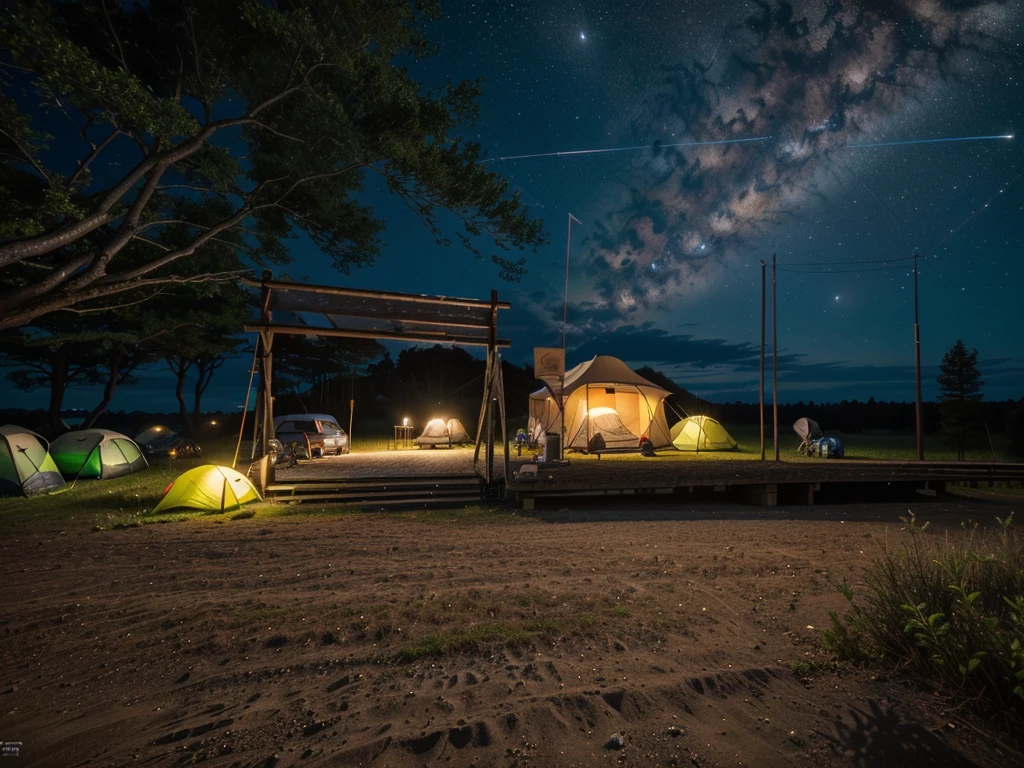 The sky is dotted with stars at night，Camping site in the woods, Night view, Cyberpunk style, Campsite at night, Wide field of view, real，masterpiece，High Detail，high resolution，8K