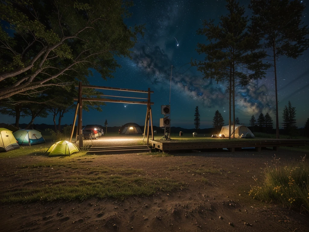 The sky is dotted with stars at night，Camping site in the woods, Night view, Cyberpunk style, Campsite at night, Wide field of view, real，masterpiece，High Detail，high resolution，8K
