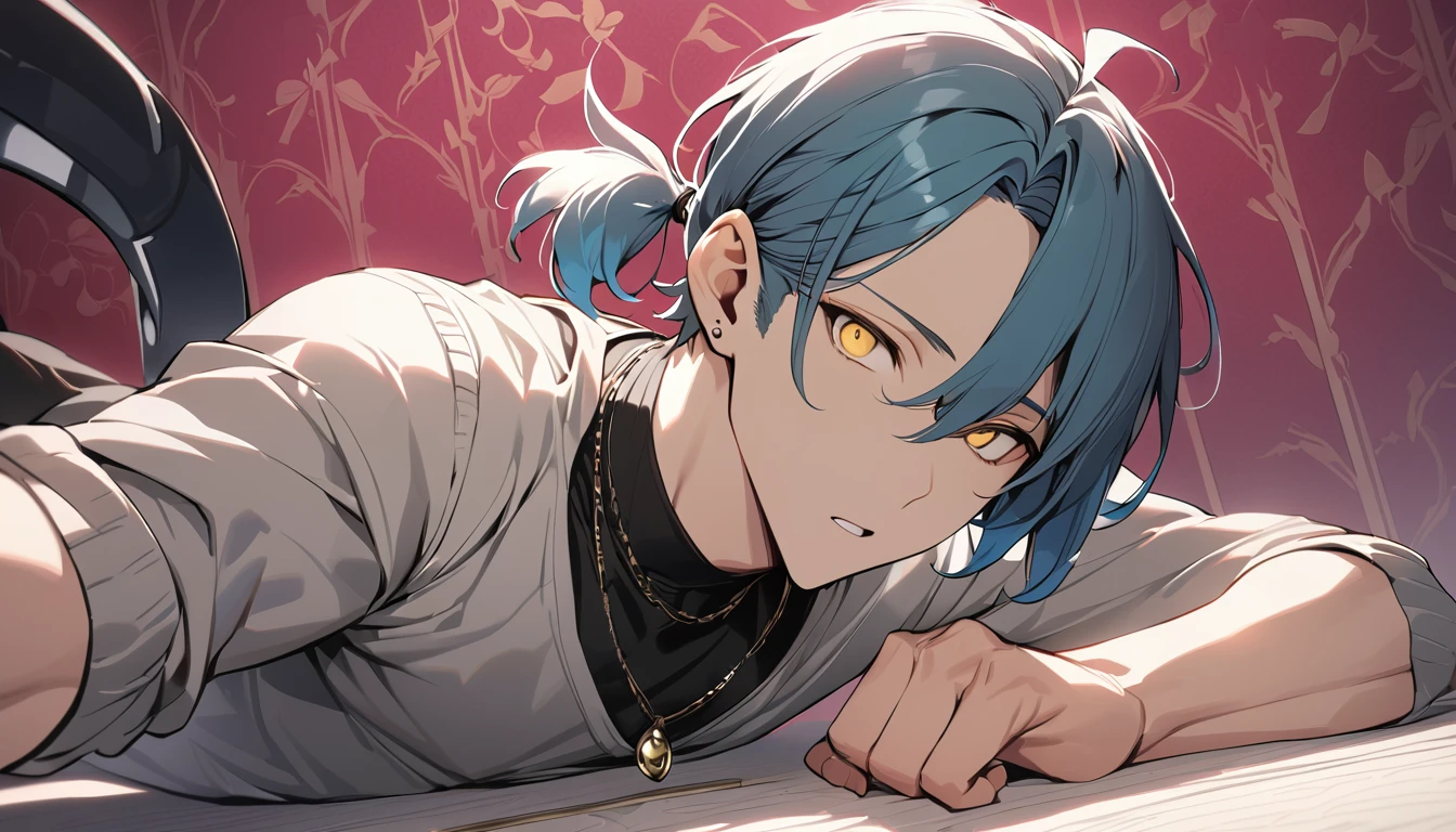 ((((best masterpiece, best quality, wallpaper,)))) solo, guy, male body, small muscles, flat chest, 1male, 30 years old, handsome man, dramatic angle, upper body, looking at viewers, beautiful detailed, Expressionless, lying down, mediumturquoise hair, ((((Lower short ponytail)))), asymmetrical bangs, ((short hair,)) (((  gold eyes, ^o^, tareme, droopy eyes,))) (((perfect face, extremely detailed eyes,))) perfect hands, sharp nose, clear face, black turtleneck, grey cardigan, ((silver piercing, pendant,)) leggings, pink background color ultrasharp, 8K, masterpiece,