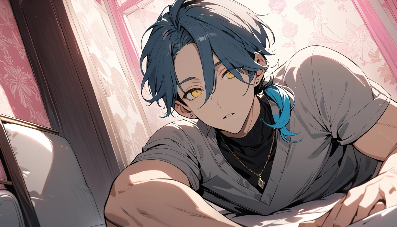 ((((best masterpiece, best quality, wallpaper,)))) solo, guy, male body, small muscles, flat chest, 1male, 30 years old, handsome man, dramatic angle, upper body, looking at viewers, beautiful detailed, Expressionless, lying down, mediumturquoise hair, ((((Lower short ponytail)))), asymmetrical bangs, ((short hair,)) ((( gold eyes, ^o^, tareme, droopy eyes,))) (((perfect face, extremely detailed eyes,))) perfect hands, sharp nose, clear face, black turtleneck, grey cardigan, ((silver piercing, pendant,)) leggings, pink background color ultrasharp, 8K, masterpiece,