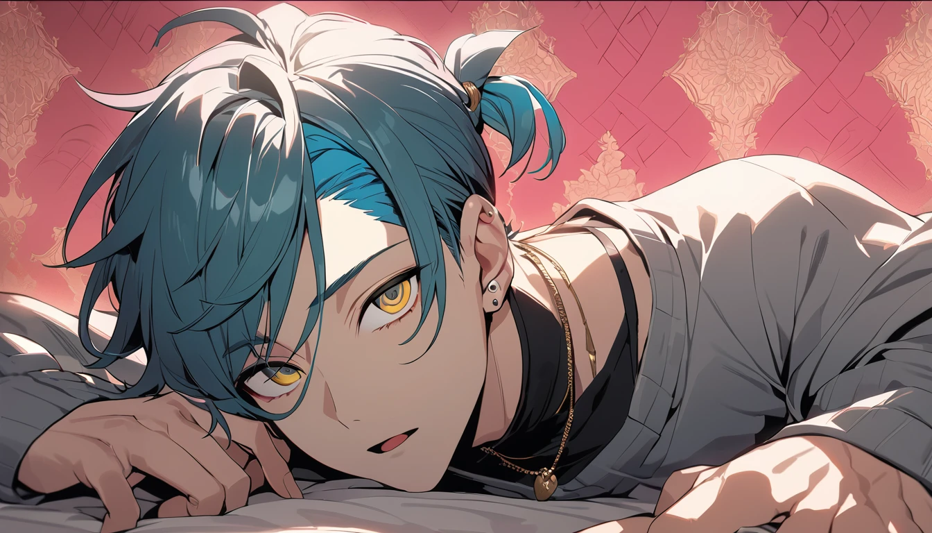 ((((best masterpiece, best quality, wallpaper,)))) solo, guy, male body, small muscles, flat chest, 1male, 30 years old, handsome man, dramatic angle, upper body, looking at viewers, beautiful detailed, Expressionless, lying down, mediumturquoise hair, ((((Lower short ponytail)))), asymmetrical bangs, ((short hair,)) ((( gold eyes, ^o^, tareme, droopy eyes,))) (((perfect face, extremely detailed eyes,))) perfect hands, sharp nose, clear face, black turtleneck, grey cardigan, ((silver piercing, pendant,)) leggings, pink background color ultrasharp, 8K, masterpiece,
