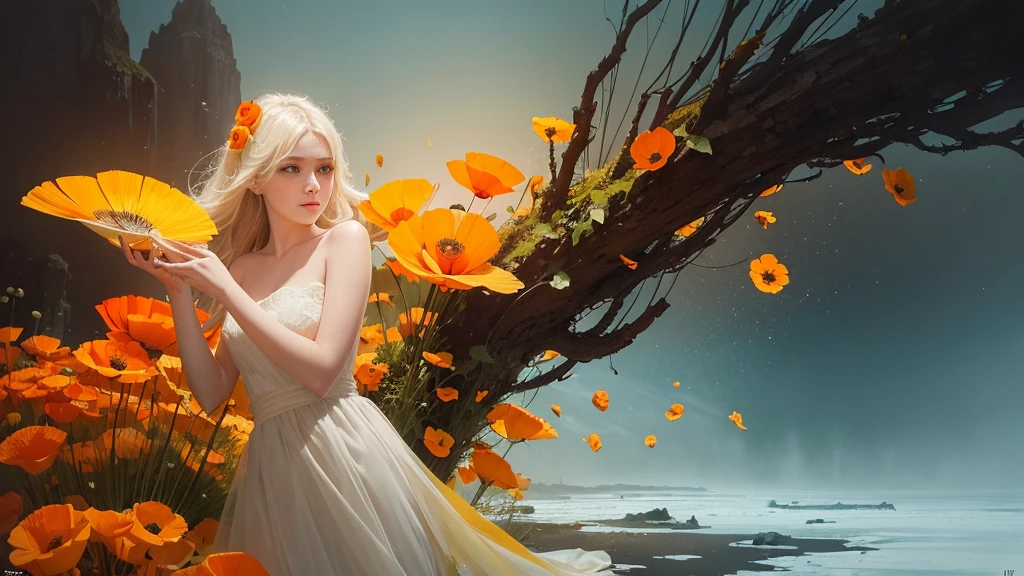 32k, Masterpiece, Highest quality, One girl, Detailed eyes, flower,Iceland Poppy, Orange and yellow style,A dreamy, romantic piece,Pale yellow, Mysterious Leaves,A playful arrangement,Fantasy,High Contrast,Ink strokes,explosion,Exposure, Impression of orange and yellow tones,Abstract,((Watercolours by John Berkey and Jeremy Mann )) Brush strokes,Negative Space, Tyndall effect,