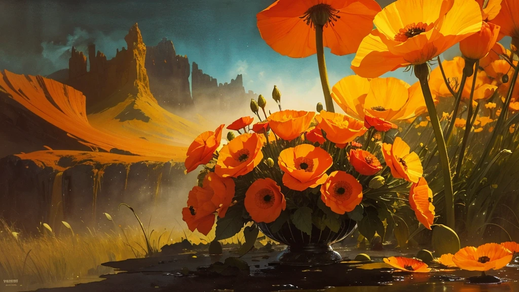 32k, Masterpiece, Highest quality, One girl, Detailed eyes, flower,Iceland Poppy, Orange and yellow style,A dreamy, romantic piece,Pale yellow, Mysterious Leaves,A playful arrangement,Fantasy,High Contrast,Ink strokes,explosion,Exposure, Impression of orange and yellow tones,Abstract,((Watercolours by John Berkey and Jeremy Mann )) Brush strokes,Negative Space, Tyndall effect,