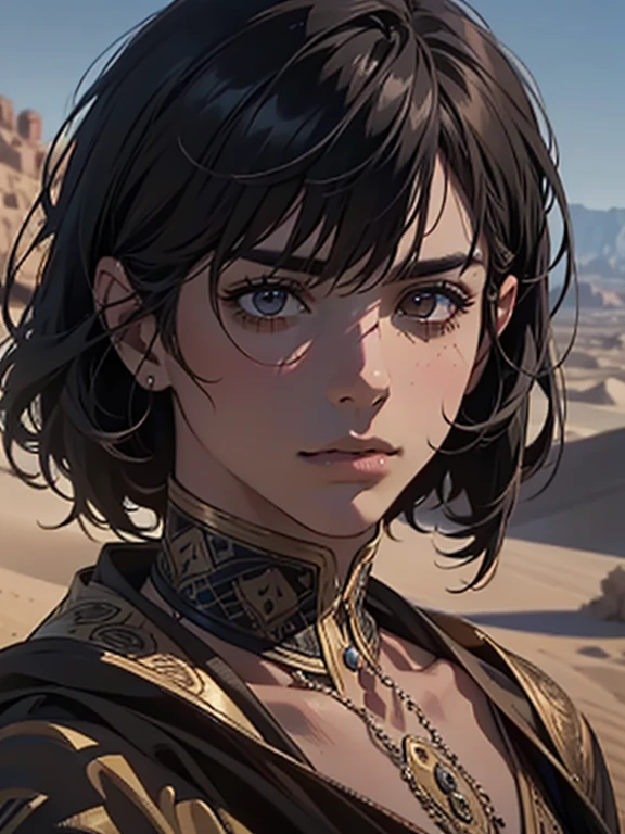 a muscular adult male, detailed eyes and face, short black hair, brown eyes, Middle Eastern clothing, desert landscape, focused on the scene, (best quality,4k,8k,highres,masterpiece:1.2),ultra-detailed,(realistic,photorealistic,photo-realistic:1.37),cinematic lighting,dramatic scene,epic adventure