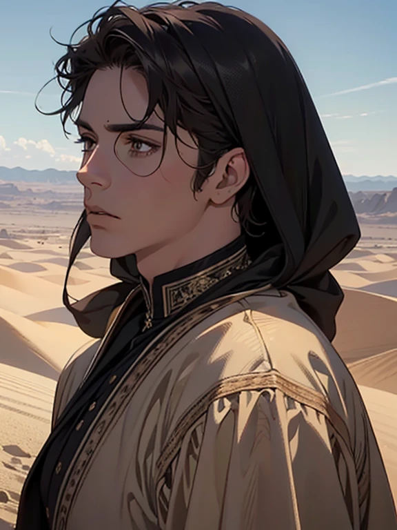 a muscular adult male, detailed eyes and face, short black hair, brown eyes, Middle Eastern clothing, desert landscape, focused on the scene, (best quality,4k,8k,highres,masterpiece:1.2),ultra-detailed,(realistic,photorealistic,photo-realistic:1.37),cinematic lighting,dramatic scene,epic adventure