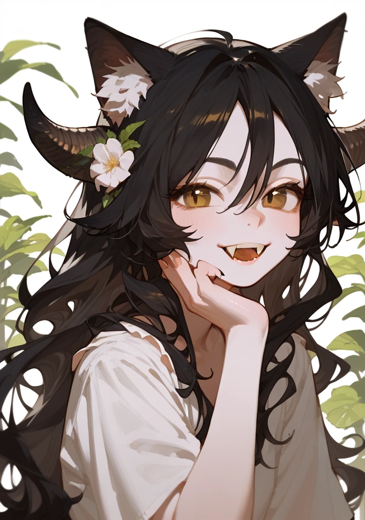 Half body, A beautiful woman, long wavy black hair, brown eyes, casual clothing, cat ears and tail, fangs, horns, White skin, 