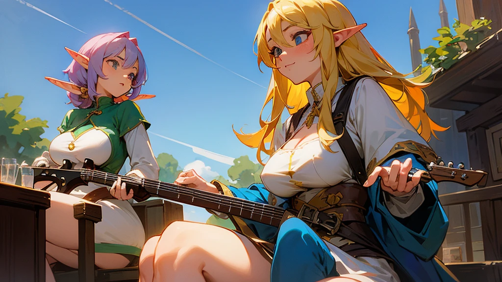 Anime Style,Nostalgic,Detailed background,The medieval world,A lively bar with lots of people,Beautiful sky,Beautiful Elf Bard,guitar,Large Breasts,Healthy thighs