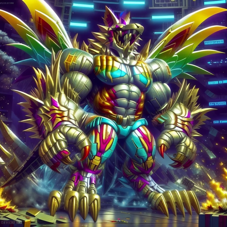 (masterpiece. official art. 8k. best quality. detailed full body. full body.)

(situation 1 : dominating The Phoenix Wolf. The Phoenix Wolf is over 1000 meters long. focus GIANT mechanical Muscular The Phoenix Wolf is trampling the car. Looking down.)

(situation 2 :smoke and flames rising from the destruction in the city)

(Additional details 1: Wearing GOLDEN Armor. Cape. Helmet. real texture material. whole body shines like metal. emphasizes the muscles. suit fully made of metal.Robotic suit).

(Additional details 1.5: The arms are golden. The lower half of the body is golden. The wolf-shaped helmet has sharp fangs. The whole body is golden.).

(Additional details 2: Detailed head. Detailed Body. Detailed abs. gigantic muscles. HYPER MUSCLES. Gigachad Muscular. big muscle. pecs. triceps. traps. unusually developed muscular body. body full of huge muscles. showing off muscles. pectorales enormes. Exaggeratedly huge muscles. huge muscles. long legs.).

(Additional details 3: nj5furry, Spread wings. It has wings. The claws are sharp. Sharp teeth.). He is laughing defiantly. The claws are sharp. Sharp teeth.). He is laughing defiantly.