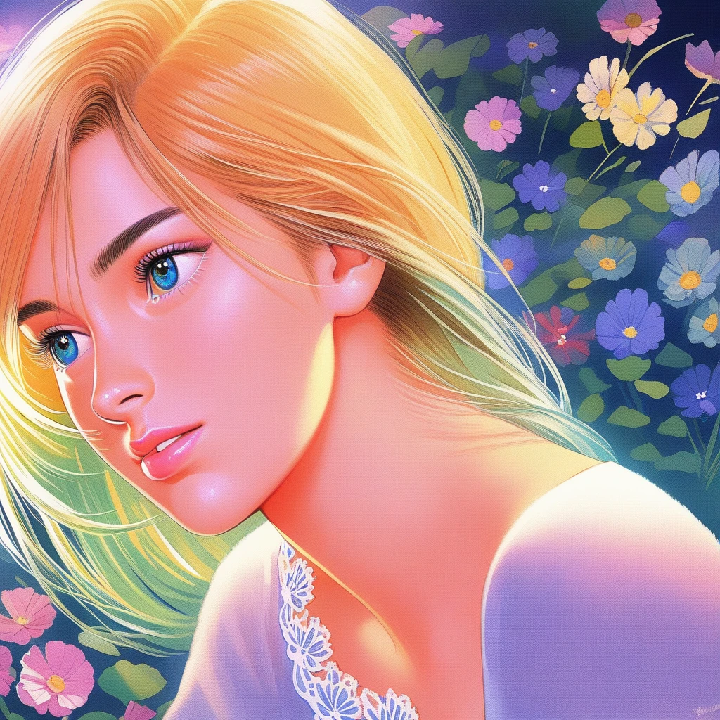 (best quality, 8k, masterpiece, highres, ultra-detailed), painterly portrait, woman, delicate face, wistful expression, white dress, lace details, field of wildflowers, soft sunlight, ethereal, dreamy, romantic, soft colors, impressionistic style, detailed eyes, beautiful detailed lips, extremely detailed eyes and face, long eyelashes.