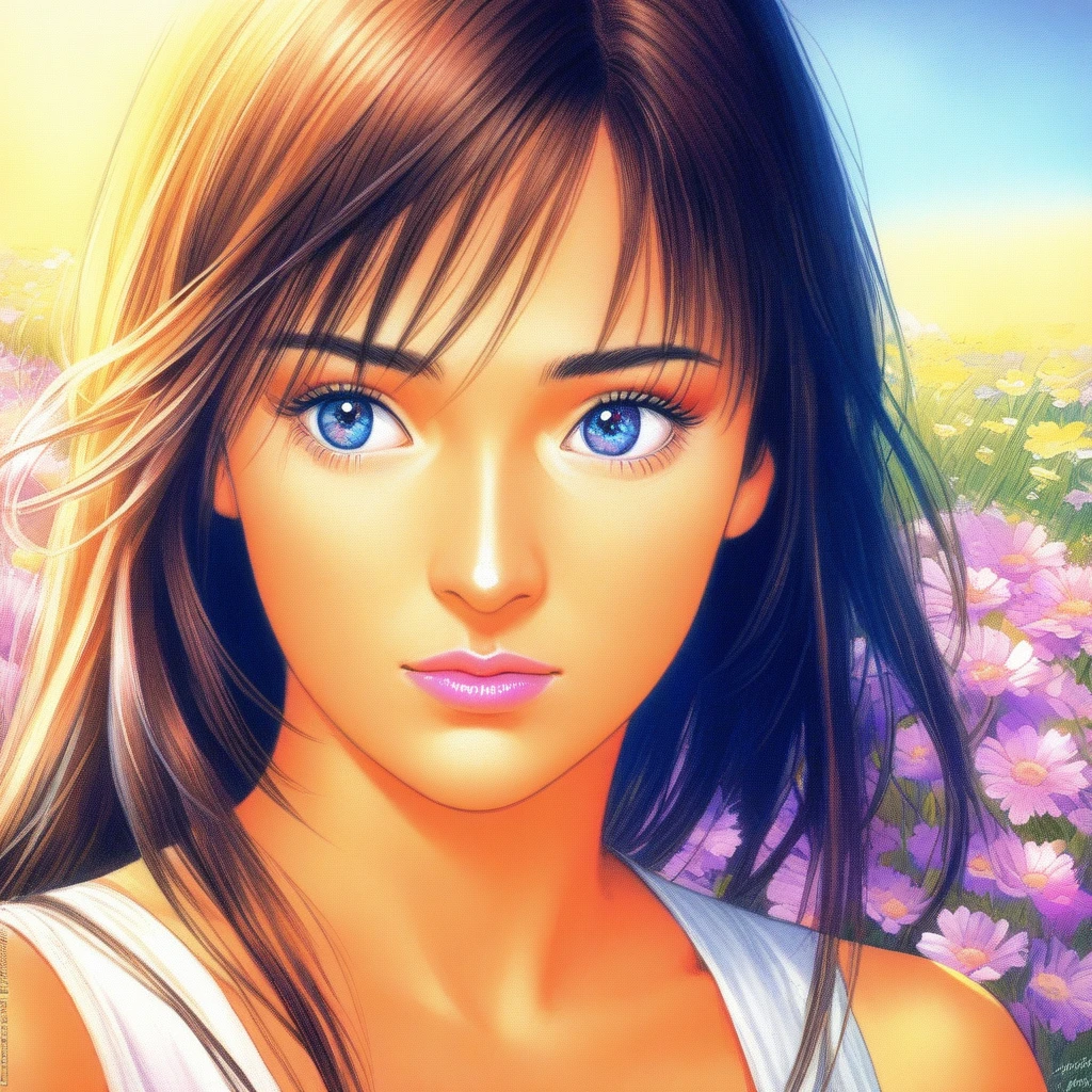 (best quality, 8k, masterpiece, highres, ultra-detailed), painterly portrait, woman, delicate face, wistful expression, white dress, lace details, field of wildflowers, soft sunlight, ethereal, dreamy, romantic, soft colors, impressionistic style, detailed eyes, beautiful detailed lips, extremely detailed eyes and face, long eyelashes.